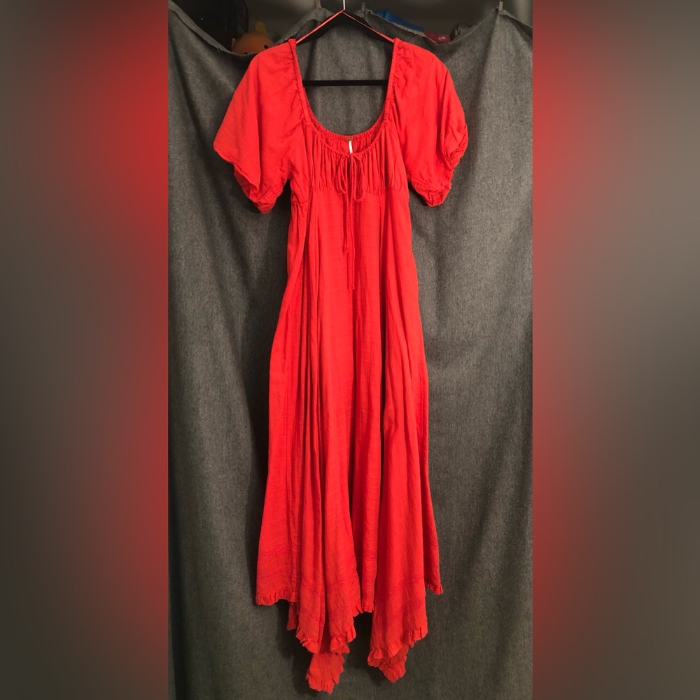 Free People Red Maxi Dress with Puff Sleeves